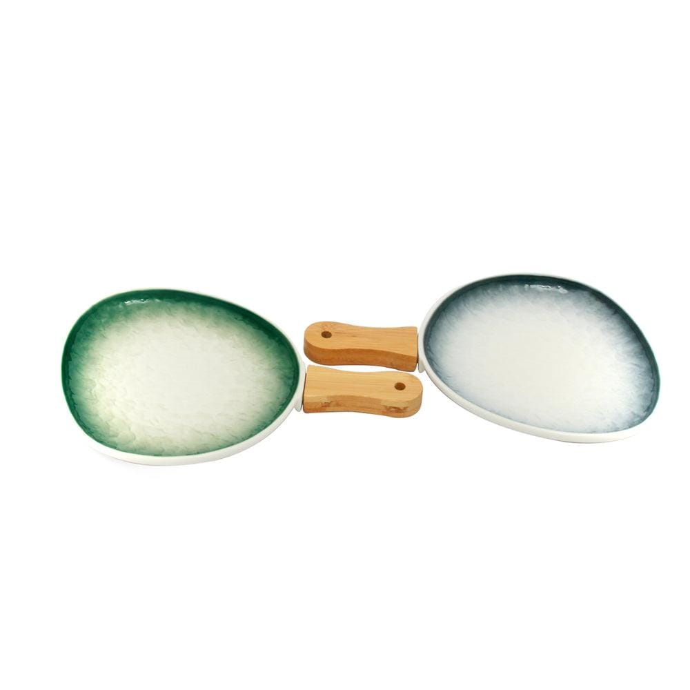 Gray-White Ceramic Serving Platter with Wooden Handle