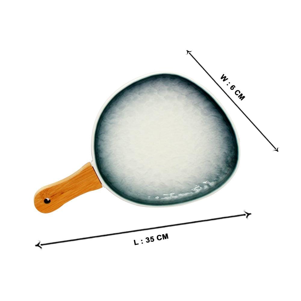 Gray-White Ceramic Serving Platter with Wooden Handle