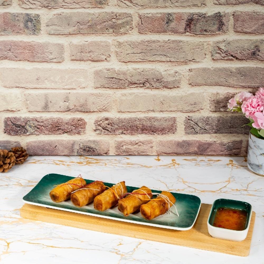 Green-White Rectangle Sushi Plate on Wooden Tray Set (1 Plate - 1 Bowl)