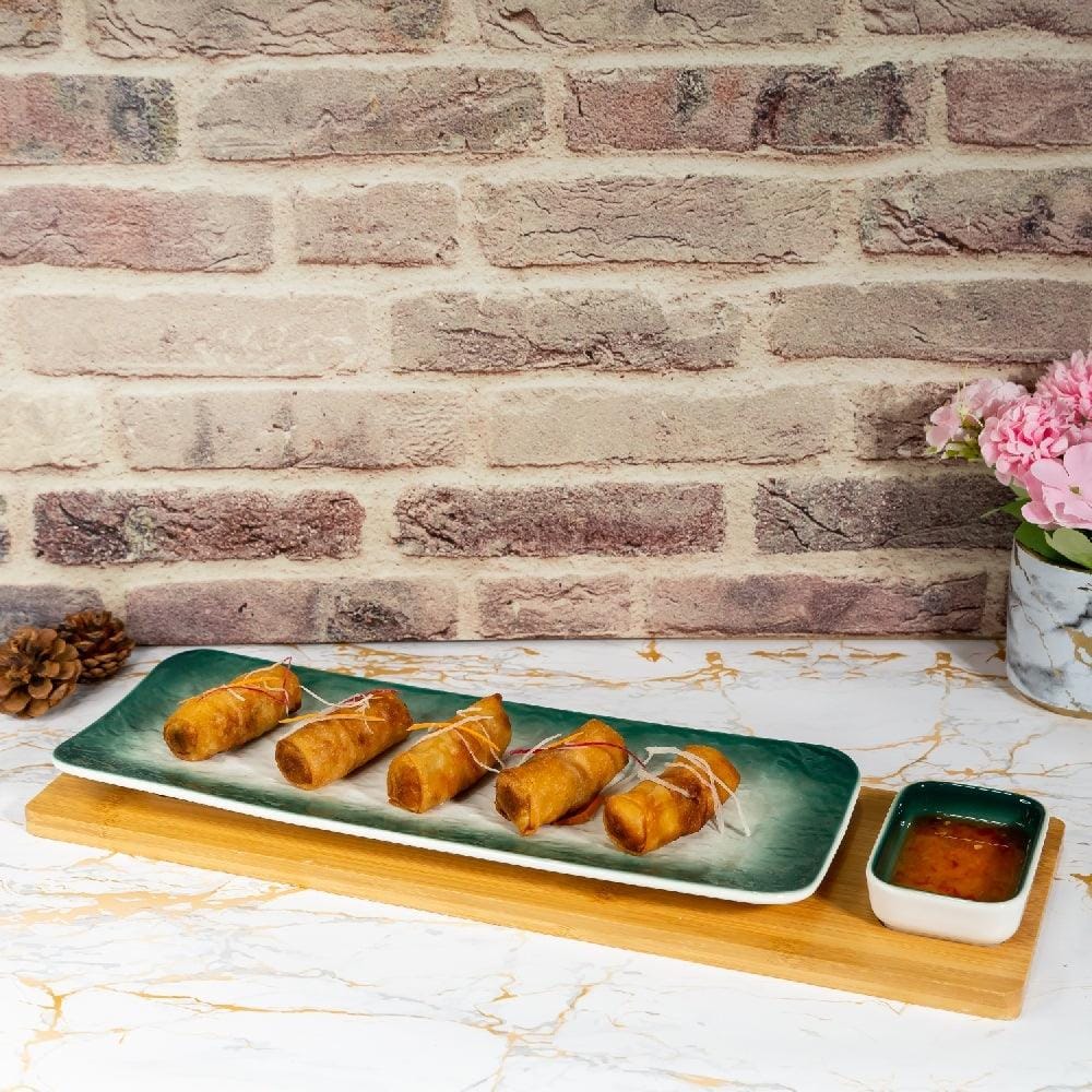 Green-White Long Rectangle Sushi Plate on Wooden Tray Set (1 Plate - 1 Bowl)