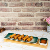 Green-White Rectangle Sushi Plate on Wooden Tray Set (1 Plate - 1 Bowl)