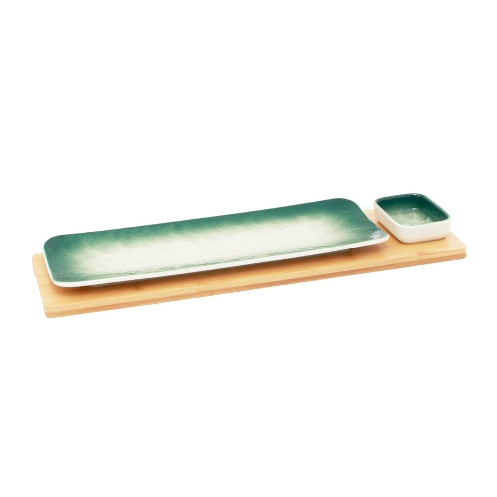 Green-White Rectangle Sushi Plate on Wooden Tray Set (1 Plate - 1 Bowl)