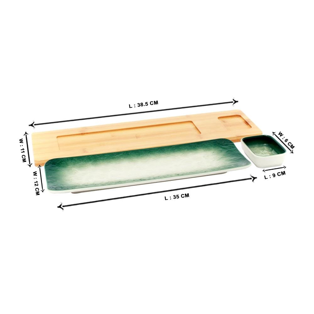 Green-White Long Rectangle Sushi Plate on Wooden Tray Set (1 Plate - 1 Bowl)