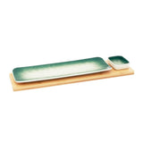 Green-White Rectangle Sushi Plate on Wooden Tray Set (1 Plate - 1 Bowl)