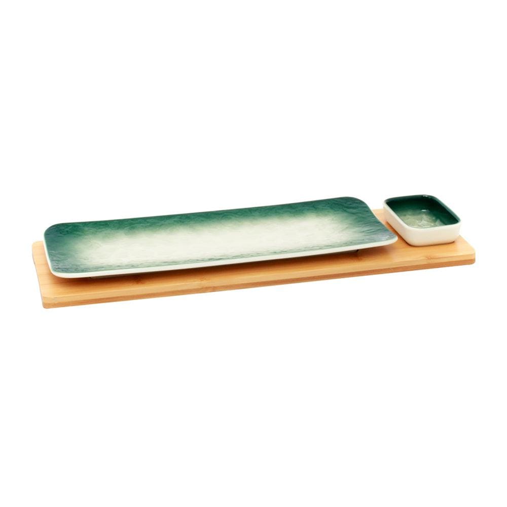 Green-White Rectangle Sushi Plate on Wooden Tray Set (1 Plate - 1 Bowl)