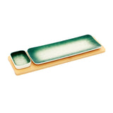 Green-White Rectangle Sushi Plate on Wooden Tray Set (1 Plate - 1 Bowl)