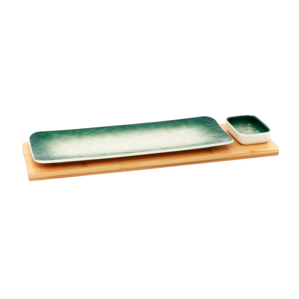 Green-White Long Rectangle Sushi Plate on Wooden Tray Set (1 Plate - 1 Bowl)