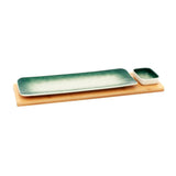 Green-White Long Rectangle Sushi Plate on Wooden Tray Set (1 Plate - 1 Bowl)