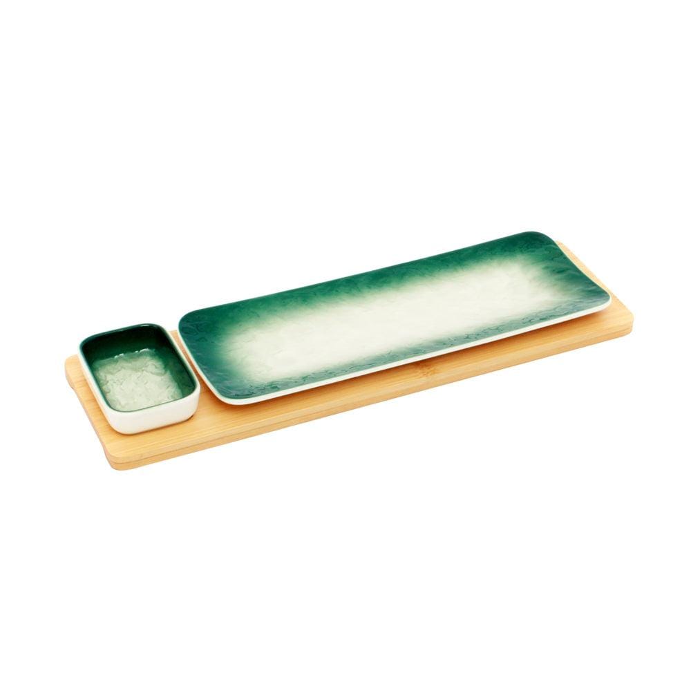 Green-White Long Rectangle Sushi Plate on Wooden Tray Set (1 Plate - 1 Bowl)