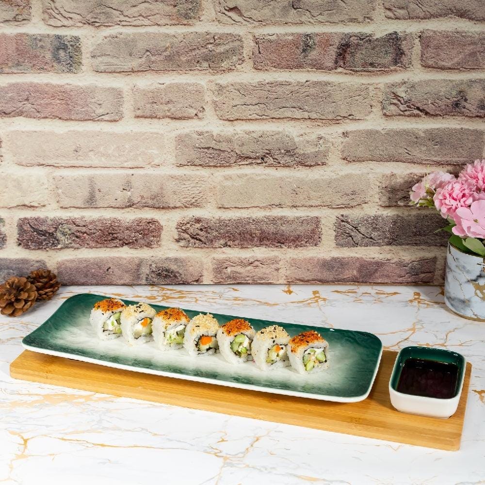 Green-White Long Rectangle Sushi Plate on Wooden Tray Set (1 Plate - 1 Bowl)