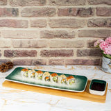 Green-White Long Rectangle Sushi Plate on Wooden Tray Set (1 Plate - 1 Bowl)