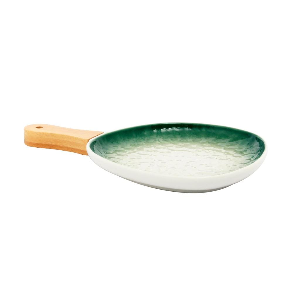 Green-White Ceramic Serving Platter with Wooden Handle