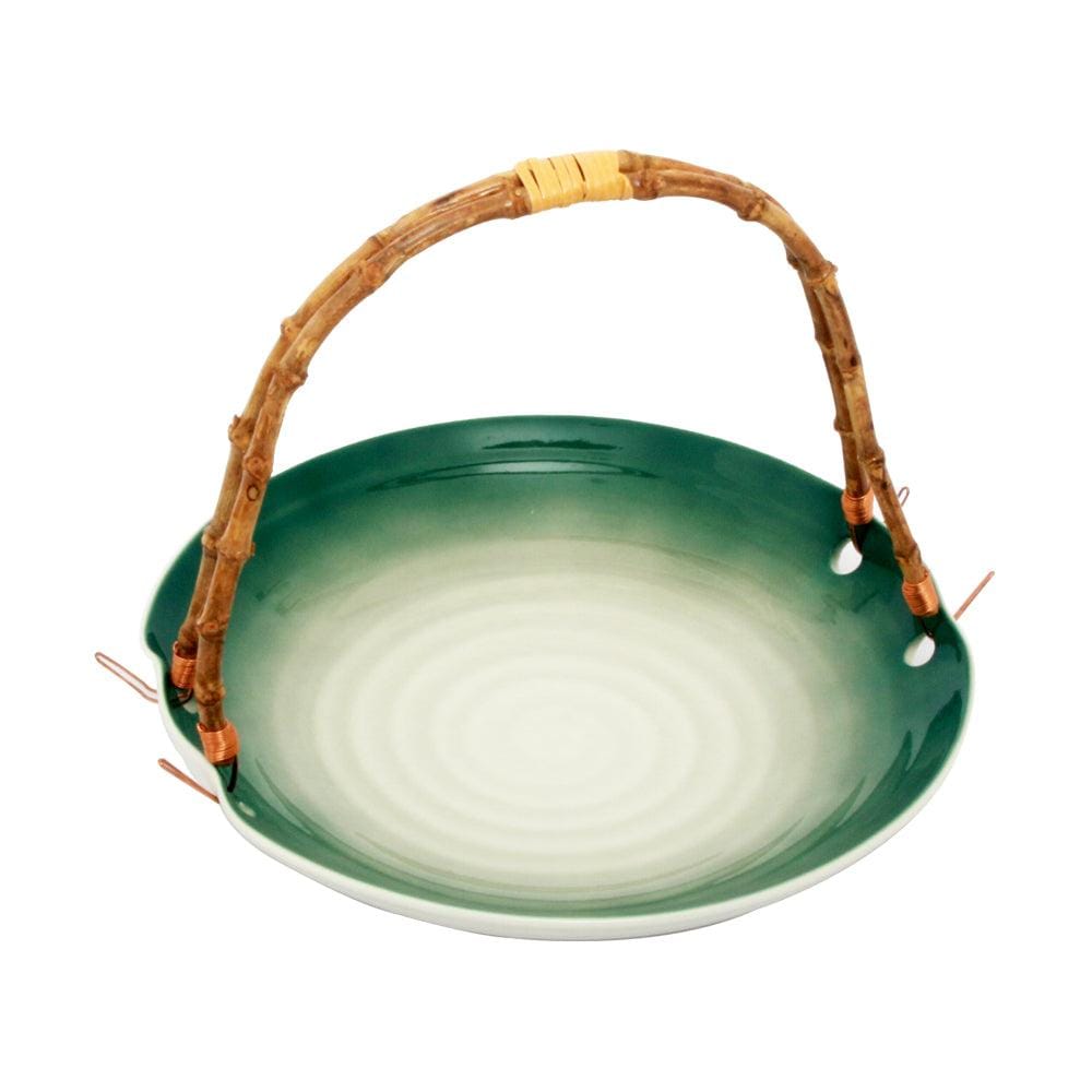 Green-White Serving Platter with Wooden Handle