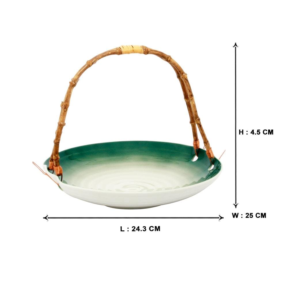 Green-White Serving Platter with Wooden Handle
