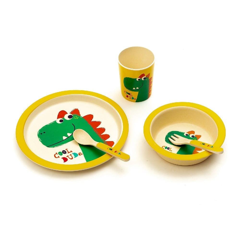 Kids 5 Piece Bamboo Fibre Eco-Friendly Meal Set - Hungry Dino (Yellow & Green)