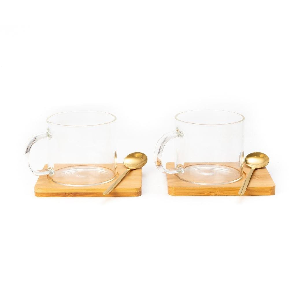 Borosilicate Lateral Mug with Wooden Tray & Classy Golden Spoon Set (Set of 2)