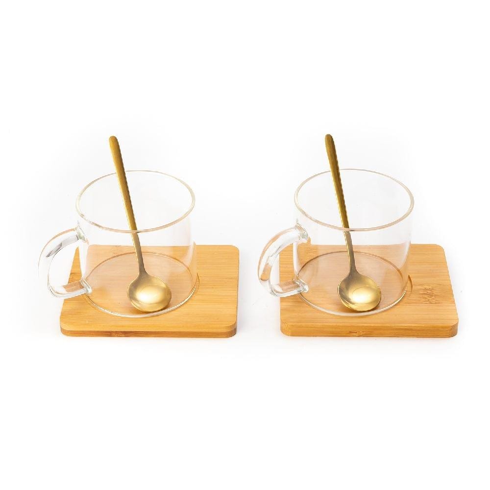 Borosilicate Lateral Mug with Wooden Tray & Classy Golden Spoon Set (Set of 2)