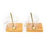 Borosilicate Lateral Mug with Wooden Tray & Classy Golden Spoon Set (Set of 2)