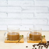 Borosilicate Lateral Mug with Wooden Tray & Classy Golden Spoon Set (Set of 2)