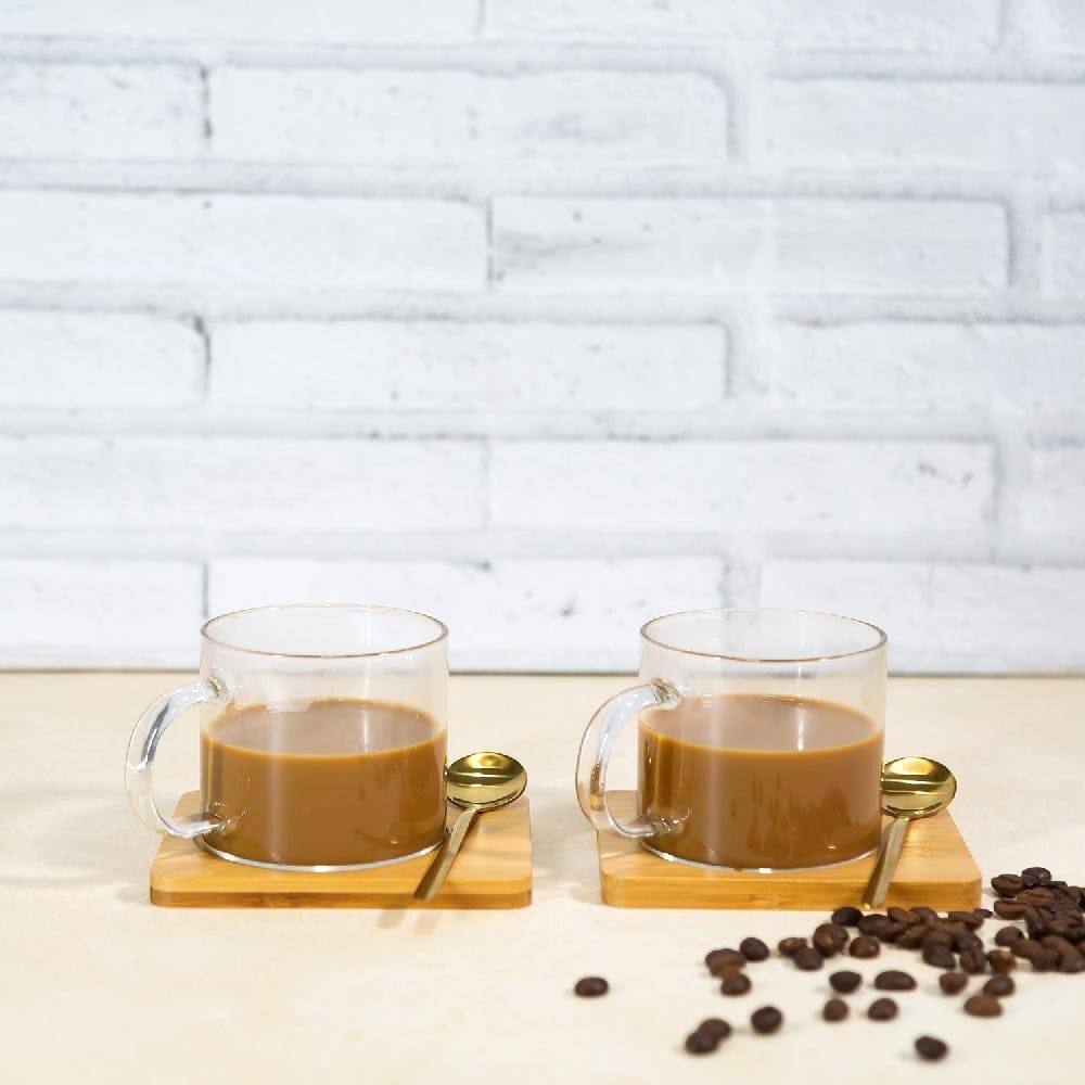 Borosilicate Lateral Mug with Wooden Tray & Classy Golden Spoon Set (Set of 2)