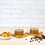 Borosilicate Lateral Mug with Wooden Tray & Classy Golden Spoon Set (Set of 2)