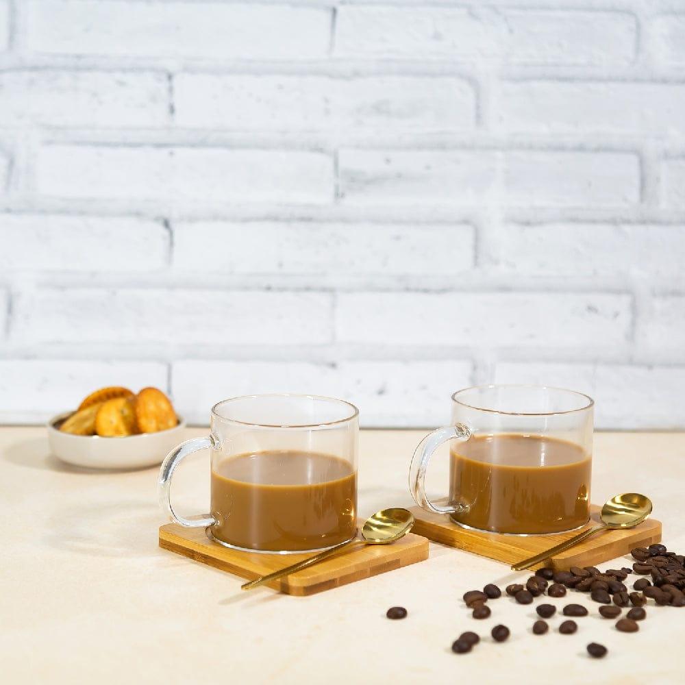 Borosilicate Lateral Mug with Wooden Tray & Classy Golden Spoon Set (Set of 2)
