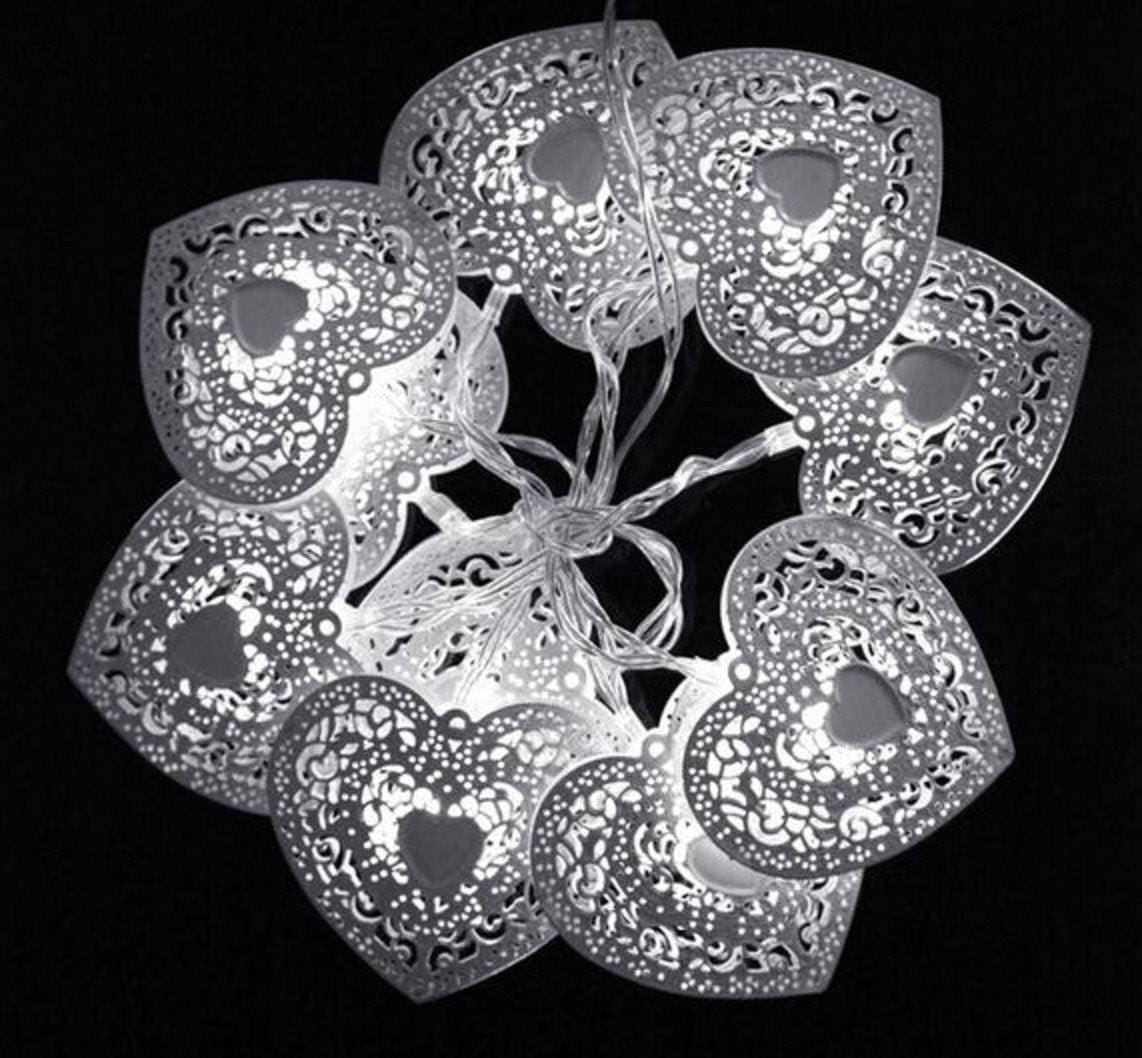 Filigree Heart Metal Light String with 10 White Hearts & Warm White LED Lights (1.3 m)