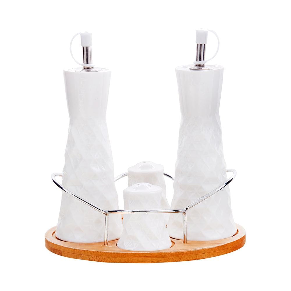 White Ceramic Prisms Oil & Vinegar Dispensers with Salt Pepper Shakers Set