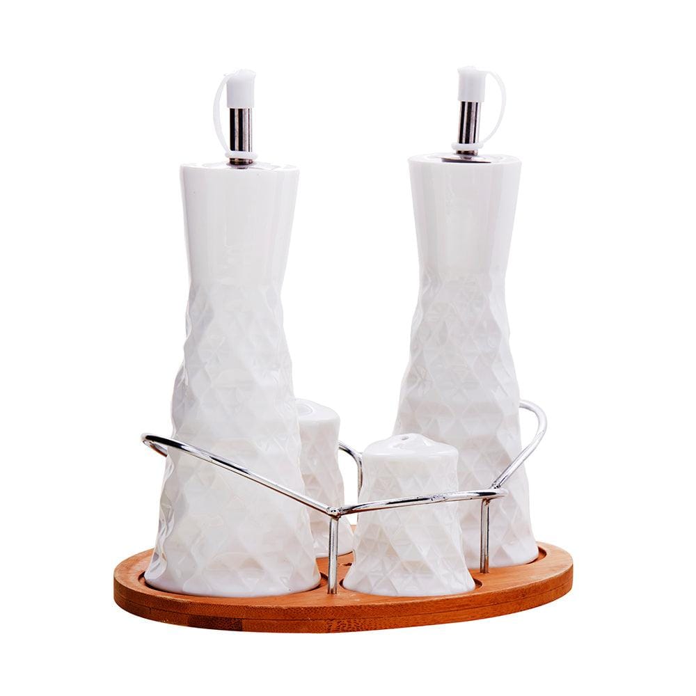 White Ceramic Prisms Oil & Vinegar Dispensers with Salt Pepper Shakers Set