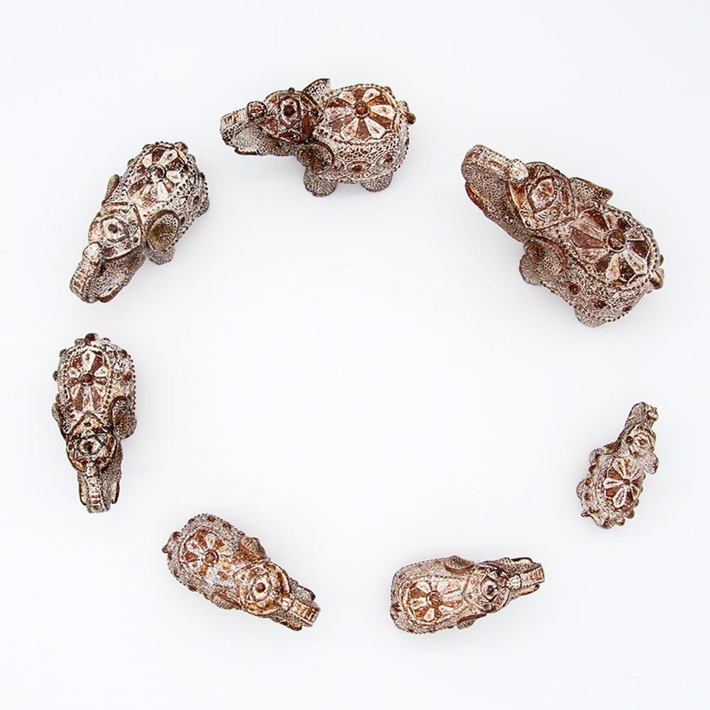Decorative Set of 7 Elephants in Parade (Antique Wood Brown with Silver Sparkles) Showpiece