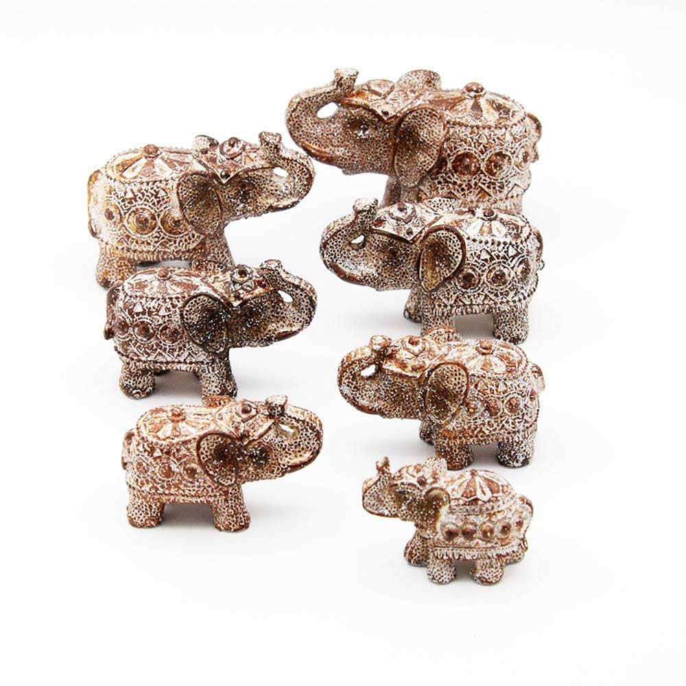 Decorative Set of 7 Elephants in Parade (Antique Wood Brown with Silver Sparkles) Showpiece