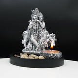 Ornamental Radha Krishna with Tea Light Holder on Wooden Tray Gift Set (Silver)