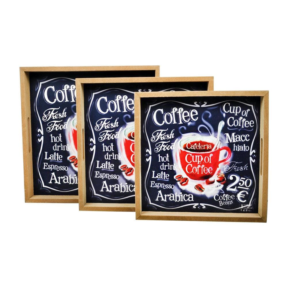Coffee Cup - 3 Square Serving Trays & 6 Coasters with Holder Set