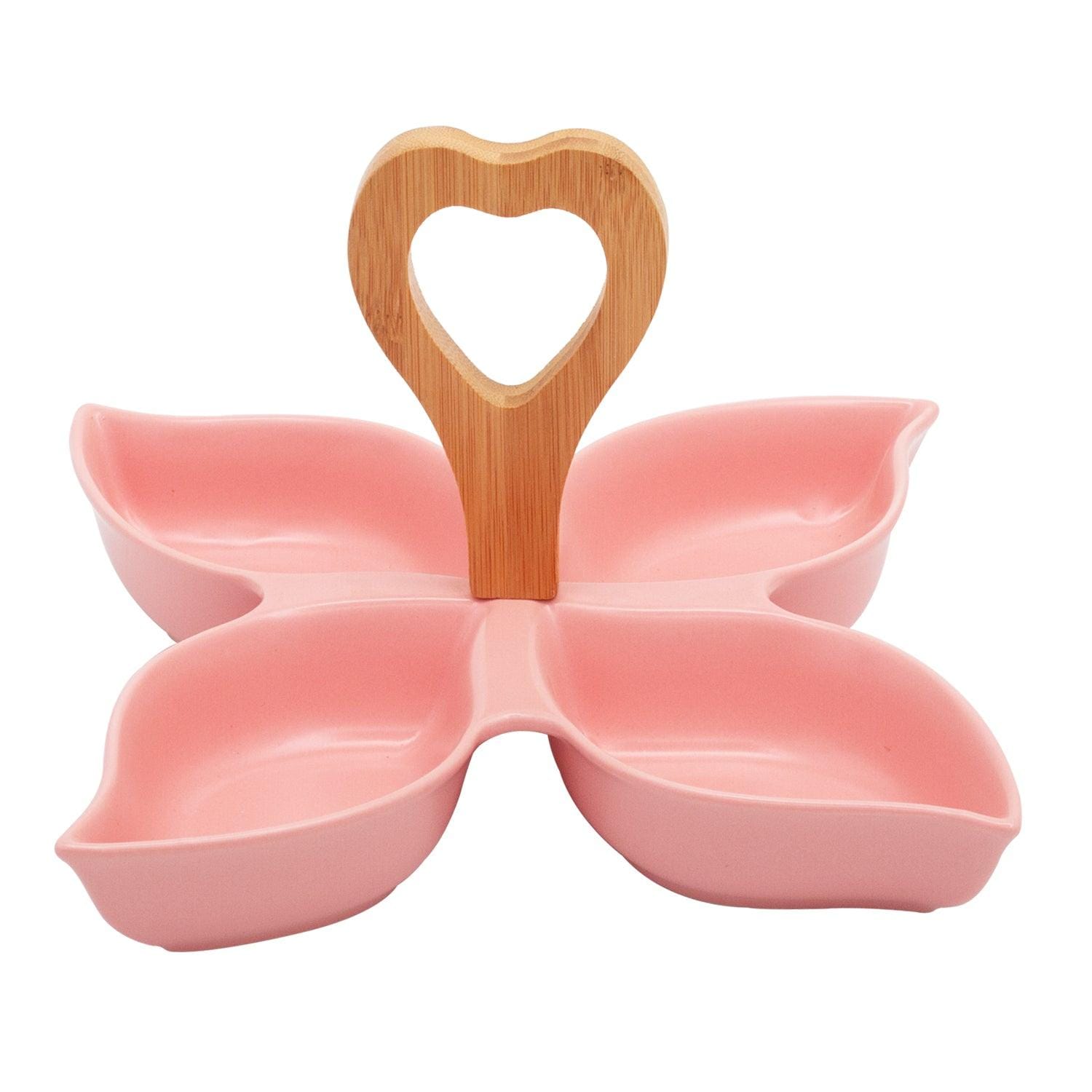 4 Compartment Star Pink Ceramic Serving Platter with Wooden Handle