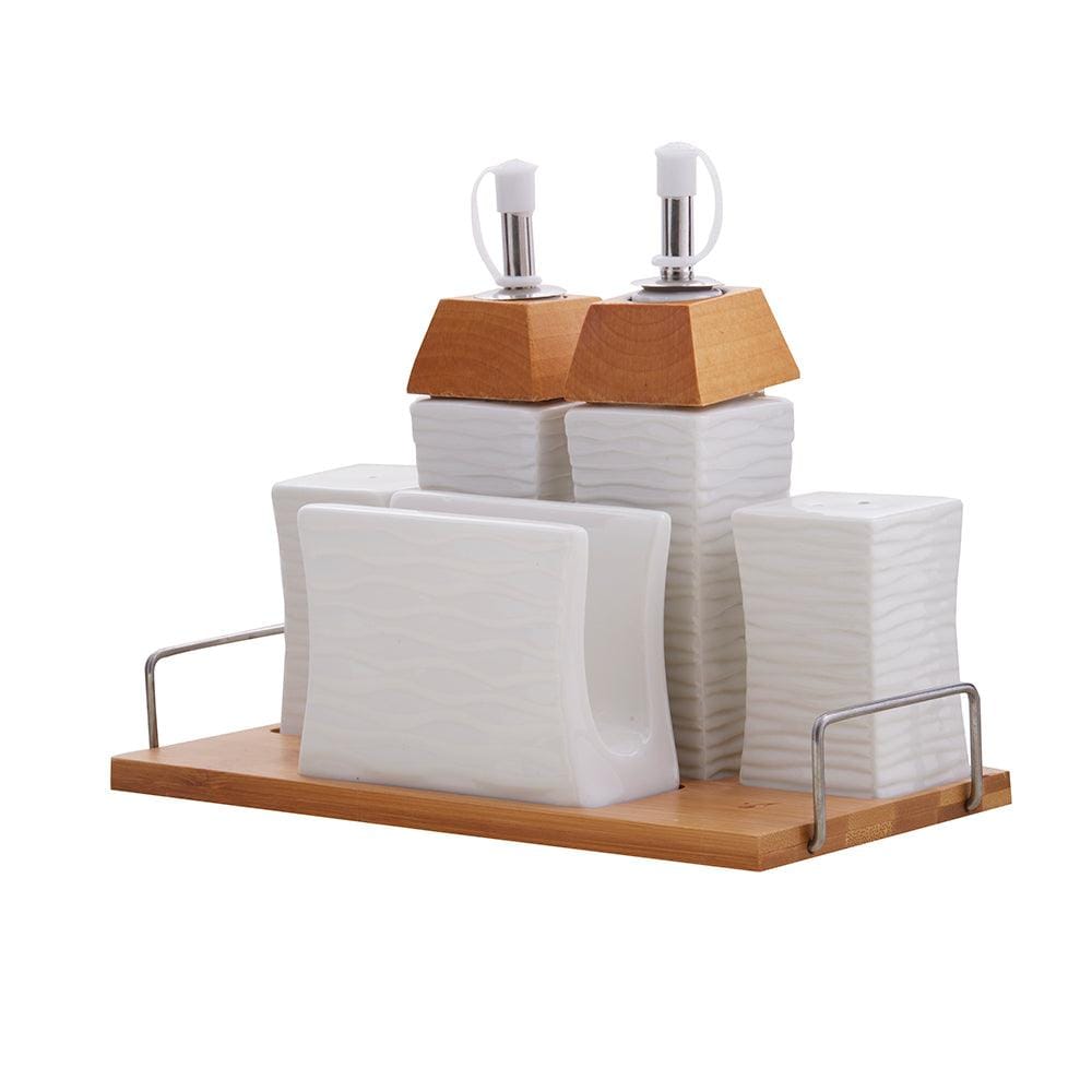White Ceramic Oil & Vinegar Bottle, Salt Pepper Shakers & Tissue Holder on Wooden Tray