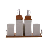 White Ceramic Oil & Vinegar Bottle, Salt Pepper Shakers & Tissue Holder on Wooden Tray