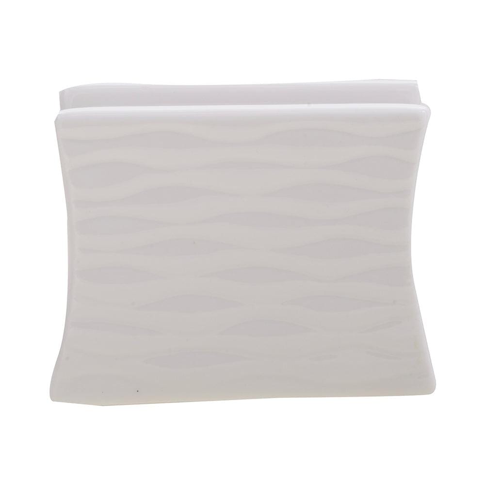 White Ceramic Oil & Vinegar Bottle, Salt Pepper Shakers & Tissue Holder on Wooden Tray