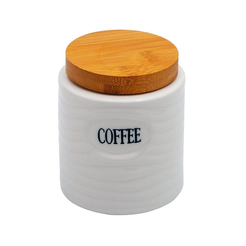 Tea, Coffee, Sugar - 3 White Ceramic Waves Jars with Lid on Wooden Tray Set