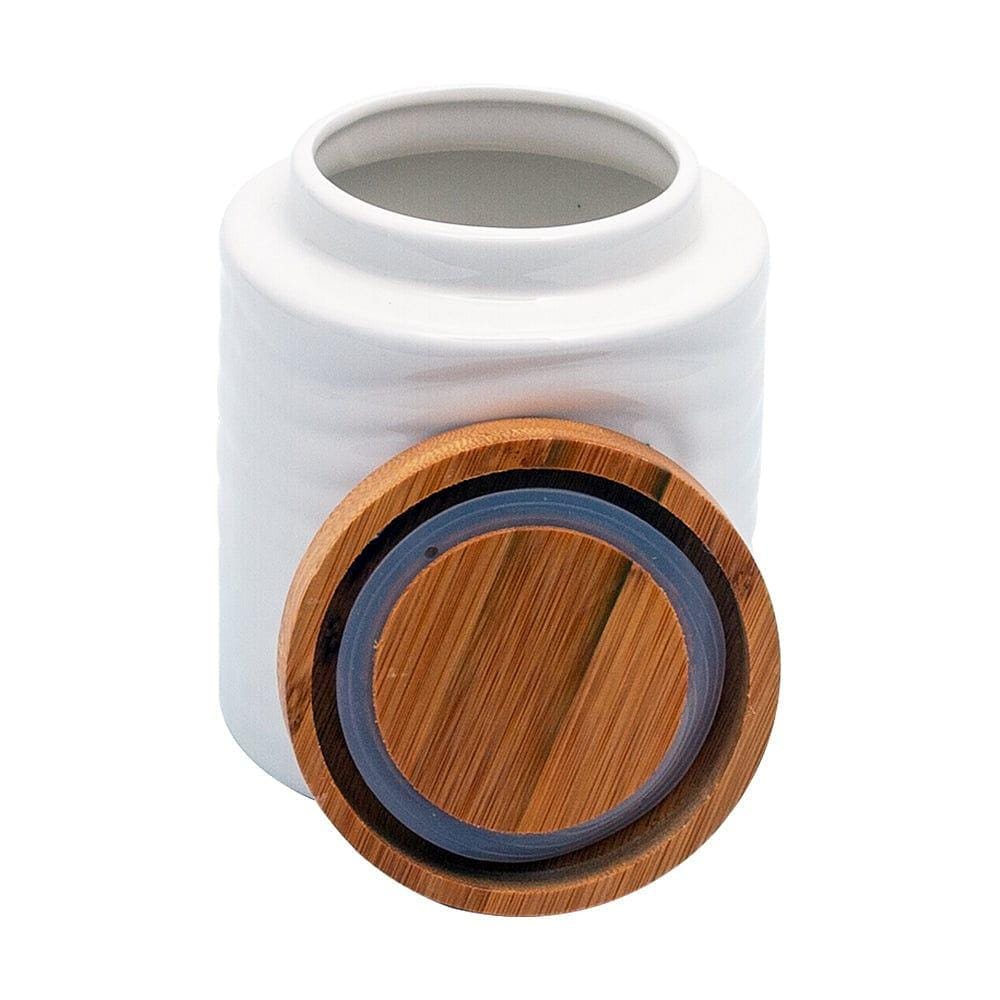 Tea, Coffee, Sugar - 3 White Ceramic Waves Jars with Lid on Wooden Tray Set