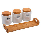 Tea, Coffee, Sugar - 3 White Ceramic Waves Jars with Lid on Wooden Tray Set