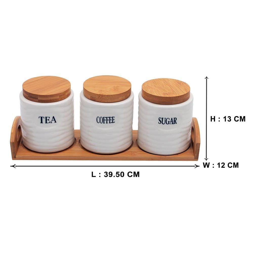 Tea, Coffee, Sugar - 3 White Ceramic Waves Jars with Lid on Wooden Tray Set