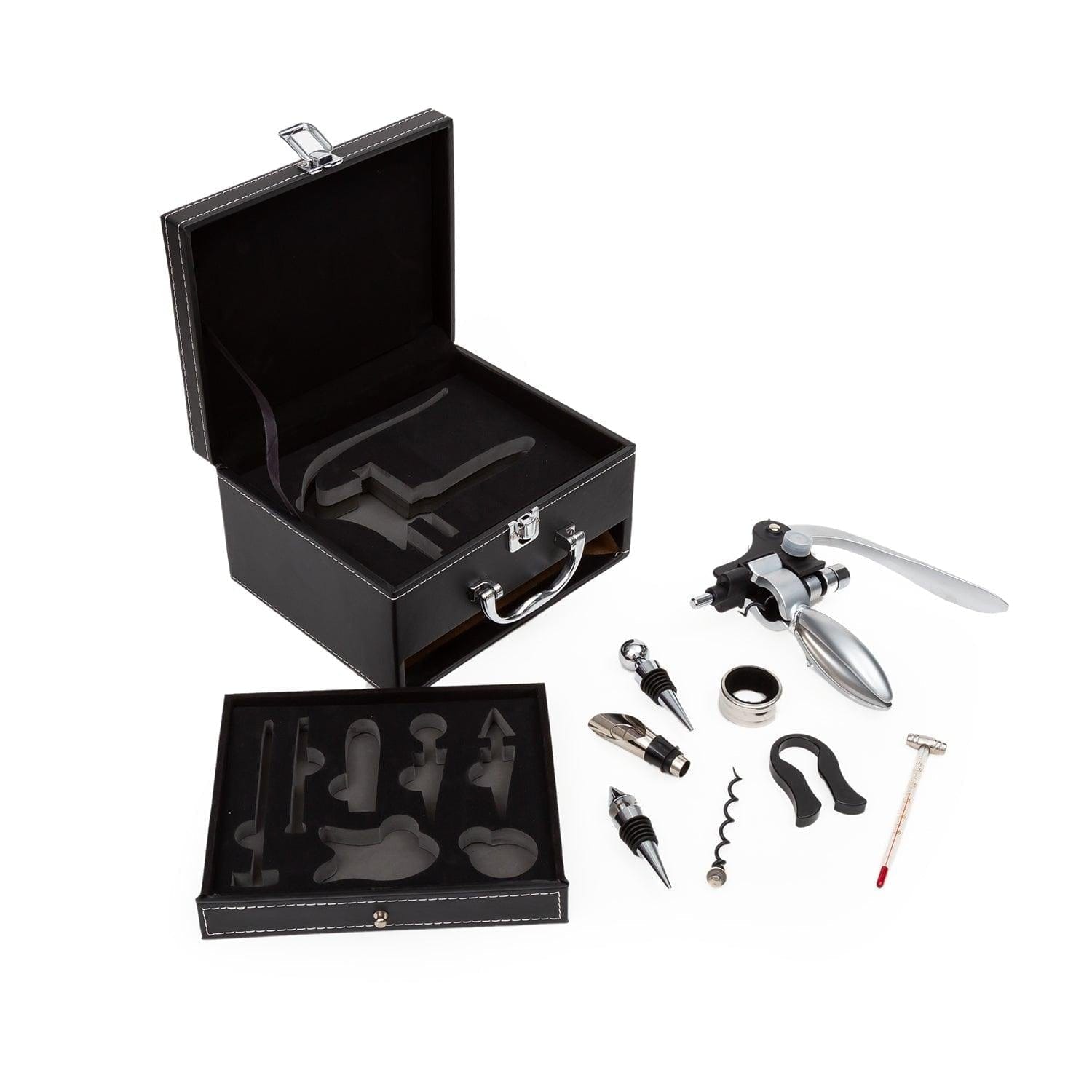 Luxe 9 Piece Wine Accessory Set in 2 Level Leather Gift Box