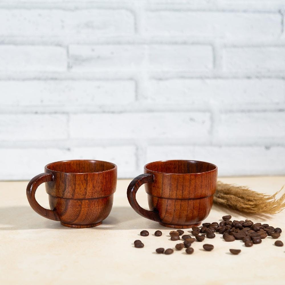 Triple Ridged Wooden Mug with Handle (150 ml) (Pack of 2)