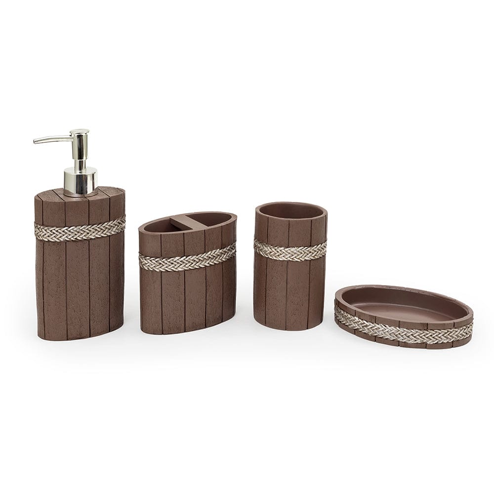 Seramica Luxury Resin Woodware 4 Piece Bathroom Set - Dark Wood & Jute Band