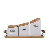 Tea, Coffee, Sugar - 3 White Ceramic Jars with Lid on Wooden Tray Set