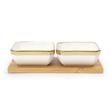 Linea - 2 Ceramic Serving Bowl Set on Wooden Tray - Gold & White - Dinnerware - Serveware - Bowls