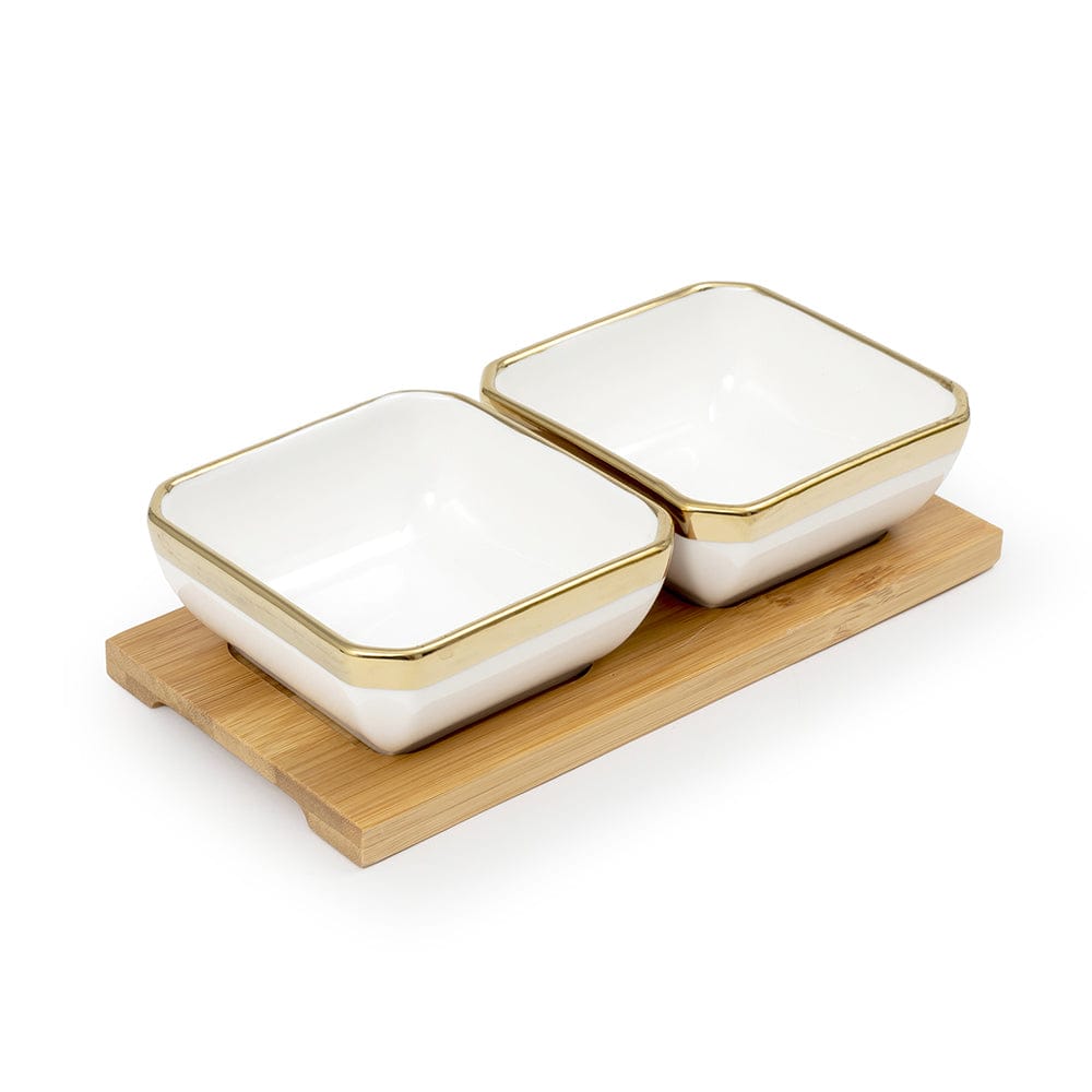 Linea - 2 Ceramic Serving Bowl Set on Wooden Tray - Gold & White - Dinnerware - Serveware - Bowls