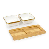 Linea - 2 Ceramic Serving Bowl Set on Wooden Tray - Gold & White - Dinnerware - Serveware - Bowls