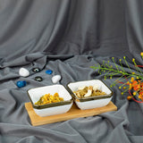 Linea - 2 Ceramic Serving Bowl Set on Wooden Tray - Gold & White - Dinnerware - Serveware - Bowls