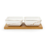 Dyna Marbled - 2 Ceramic Serving Bowl Set on Wooden Tray - Gold & White - Dinnerware - Tableware